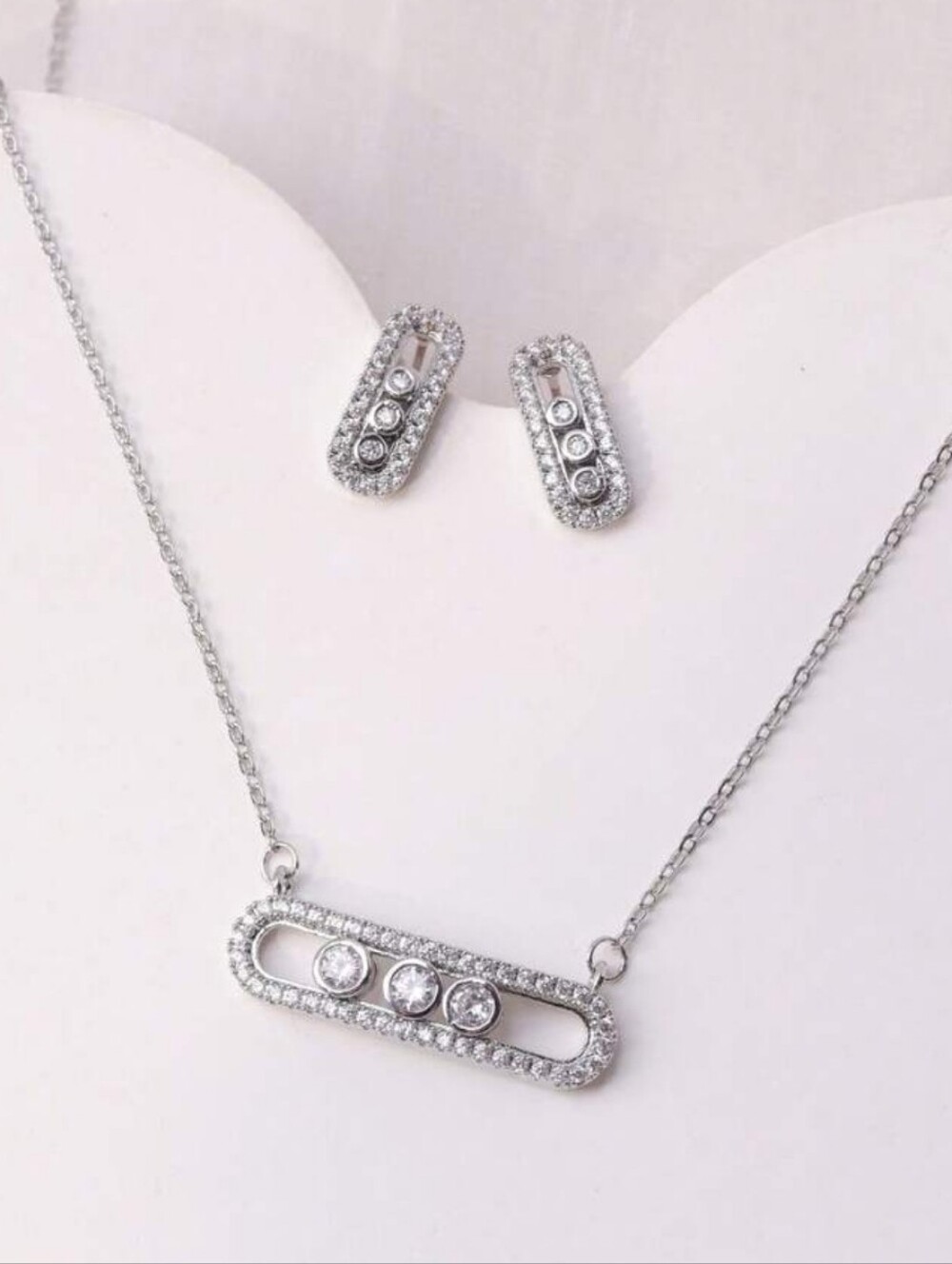 Silver Crystal Bar Necklace and Stud Earrings Set - Sparkling Women's Jewelry
